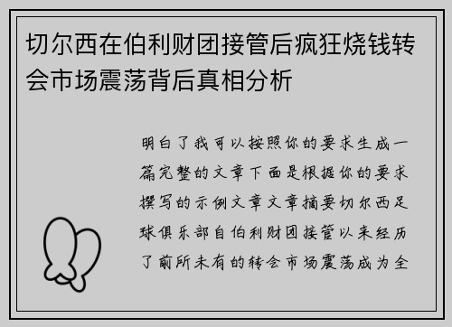 切尔西在伯利财团接管后疯狂烧钱转会市场震荡背后真相分析 切尔西在伯利财团接管后疯狂烧钱转会市场震荡背后真相分析